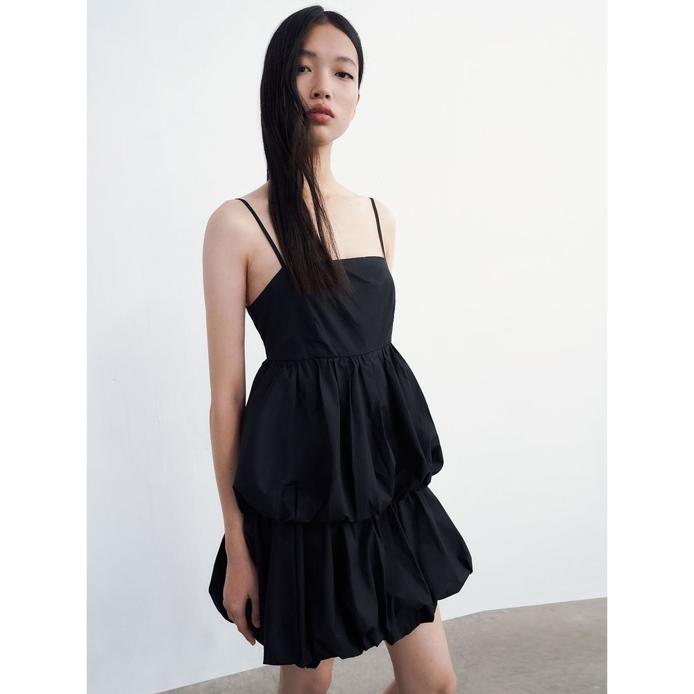 Urban Revivo Black Cotton Tiered Balloon Mini Dress Smocked Back US 4 S165/88A